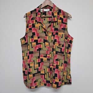 Kathy Che Sleeveless Button Up Shirt Women 18 Multicolor Geometric Poly Retro